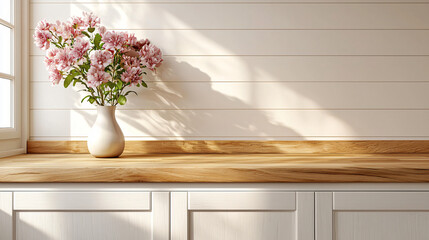 A minimalist kitchen with sleek white cabinets, wooden countertops, and a single vase of flowers