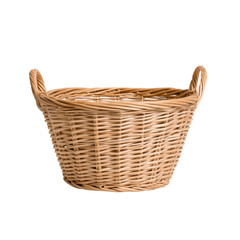 Woven wicker basket with handles, suitable for storage and decoration.