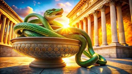 Fototapeta premium Ancient Bowl of Hygieia with Serpent, Medical Symbol, Architectural Setting, High-Resolution Stock Photo
