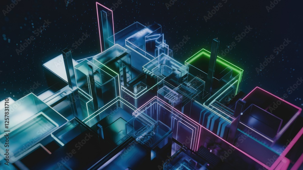 Aufkleber abstract 3d rendering of glowing neon geometric shapes forming a complex, futuristic cityscape.