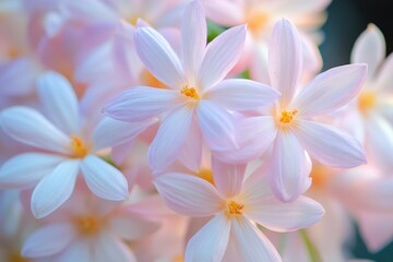 Fototapeta premium Blossoming flowers of soft pink hue against a hazy blue sky background.