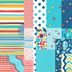 A vibrant collage of various patterns and designs, including stripes, polka dots, zigzags, and abstract shapes, arranged in a visually appealing manner. Vector patterns, random pattern