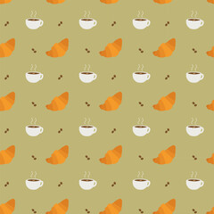 Seamless pattern of croissants and sweet coffee . Food illustration. French breakfast.