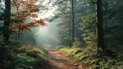 Fototapeta premium Serene forest path illuminated by sunlight, perfect for outdoor adventures and peaceful walks in nature