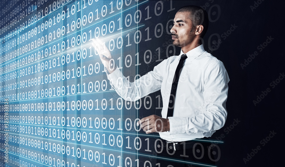 Fototapete Man, touch and hologram in office for coding, software development or numbers at night. Working late, programmer or future technology in dark agency with interactive code, innovation or cybersecurity