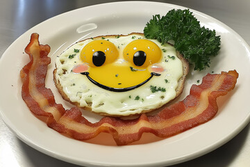 A breakfast plate showing a cartoon face with egg eyes and bacon for a smile