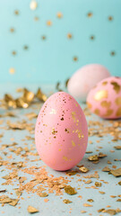 Obraz premium Pink Easter egg with gold speckles surrounded by golden confetti on a pastel background for the Easter concept 