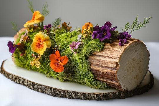 A cake roll decorated to resemble a log with frosting moss and edible flowers
