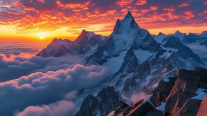Majestic mountains under a colorful sunset surrounded by clouds, showcasing nature's beauty and serenity