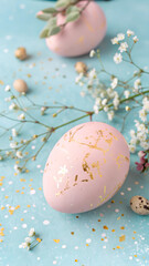 Obraz premium Decorative pink Easter egg with golden accents surrounded by flowers and confetti for the Easter concept 