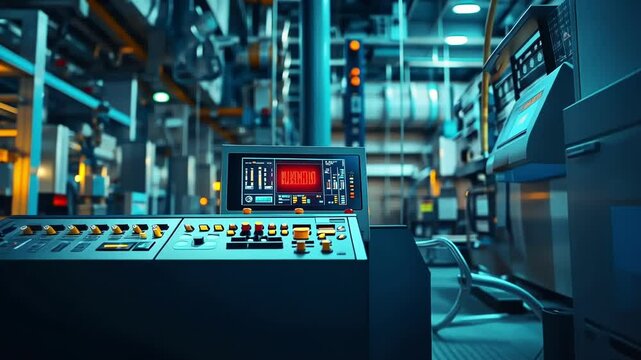 Futuristic control panel showing warning message on a digital screen, indicating a problem in the manufacturing process of a modern factory