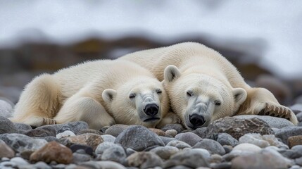 In a serene moment on Axel Island, a mother polar bear and her cub rest close together on smooth, cool stones. Their fur glimmers softly in the natural light, embodying warmth and affection