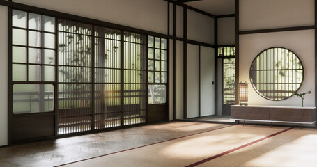 Obraz premium Modern japan style empty room decorated with Lamp and tatami mat.