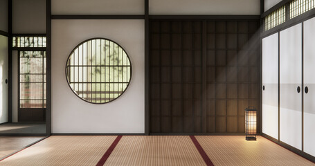 Modern japan style empty room decorated with Lamp and tatami mat.