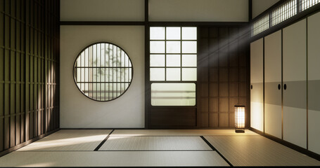 Obraz premium Modern japan style empty room decorated with Lamp and tatami mat.