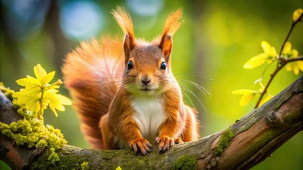 Poster de jardin Écureuil A cute red squirrel poses charmingly on a spring branch.  © Autun