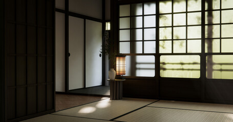 Obraz premium Modern japan style empty room decorated with Lamp and tatami mat.