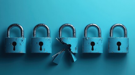 A row of padlocks, with one lock broken open, symbolizing security breach or vulnerability.