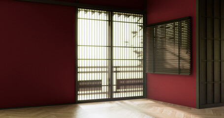 Obraz premium The interior color Red room inteior with tatami mat floor.3D rendering