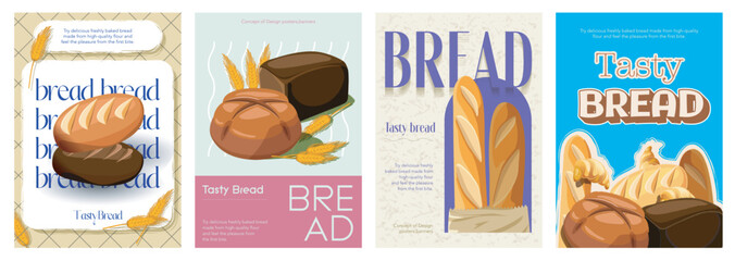 Bread cover typography template for advertising design. Food posters and greeting cards with fresh loaf of breads, buns and baguettes, bakery product menu, assortment in shop. Vector illustration.