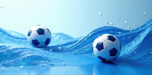 Naklejka premium Abstract blue-white waves, dynamic soccer balls in motion , fun, visual