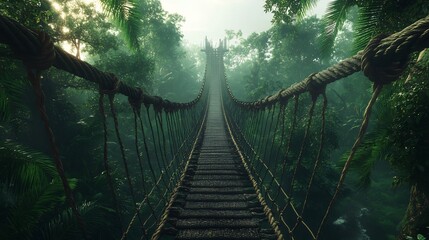 Fototapeta premium Mysterious Jungle Rope Bridge Beckons Soft Light Envelops Ancient Path. AI Generated