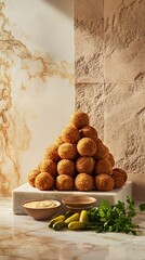 Crispy Egyptian falafel arranged in a pyramid shape, served on a podium with a set of sauces, herbs and preserved salt cucumbers, against a textured concrete background