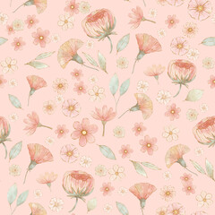 Small delicate hand drawn pink flowers on  pink