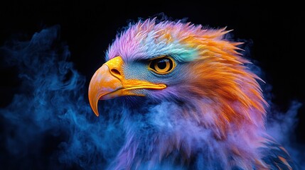 Colorful Eagle Portrait, Smoke, Dark Background, Fantasy Art