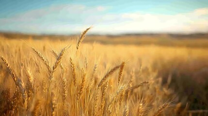Naklejka premium A golden wheat field under the blue sky close up shot, Golden Wheat Field Under Blue Sky,
