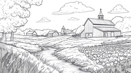 Fototapeta premium Rural landscape, creek, barn, church, farmland; idyllic scene for coloring book