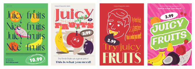 Juicy fruits cover typography template for advertising design. Food posters and greeting cards with tropical dragon fruit, banana, apple, plum, coconut, orange, lemon and other. Vector illustration.