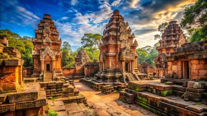 Naklejka premium Angkor Wat Preah Ko Temple Ruins: Brick & Stone Stupas, Terrace & Entrance - Candid Photography