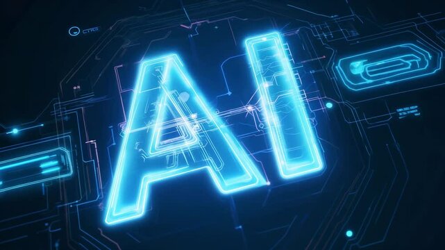 "AI" neon blue text on a dark digital futuristic background, for topics related to neural networks and new technologies.