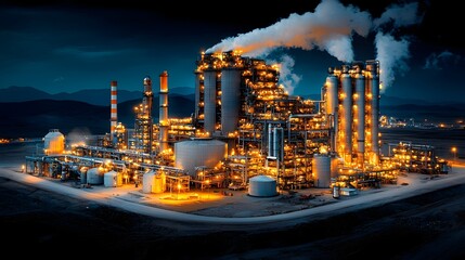 Aerial view of a large scale industrial manufacturing plant or refinery at night with towering smokestacks pipes and infrastructure illuminated against a dark urban skyline