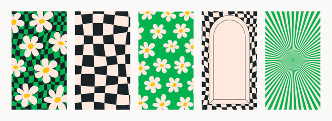 Abstract psychedelic retro pattern set. Groovy Trendy backgrounds in abstract y2k style. Vector graphic for posters and art prints.