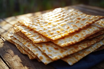Fototapeta premium Matzo crackers stacked neatly on table, with crumbs on top indicating freshness and appetite.