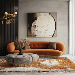 an interior design mood board for a living room, include furniture selections, a rug, wall art, and light fixtures.