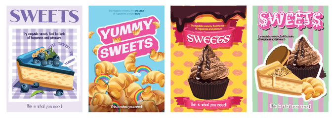 Sweets cover typography template for advertising design. Food posters and greeting cards with cakes, cheesecakes, croissants, chocolate cupcakes and other confectionery desserts. Vector illustration.