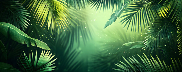 Lush Tropical Paradise Vibrant Green Palm Leaves and Sparkling Dust Motes