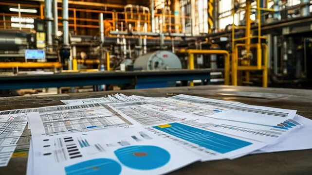 Engineering schematics and diagrams spread across a table in an industrial plant control room, displaying crucial data, barcodes, and various technical information essential for operations