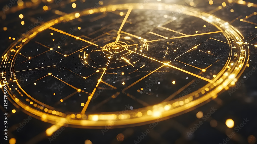 Poster a glowing circular pattern with intricate designs, radiating golden light against a dark background,