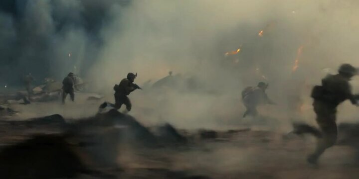 Soldiers running through the war zone while massive explosions occur everywhere, continuous bomb blasts in the battlefield with dust and smoke while the fighters run for safety Generative AI