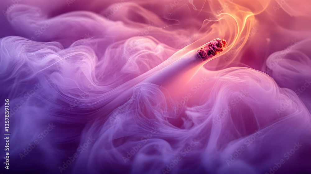 Poster A close-up of a glowing cigarette surrounded by colorful, swirling smoke, creating an abstract and atmospheric effect