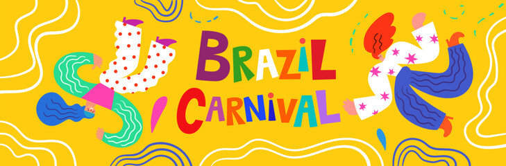 Carnival party. Decorative illustration with dancing people and doodles.