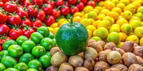 A vibrant green lemon, sharply focused, dominates this high-depth-of-field market still life.