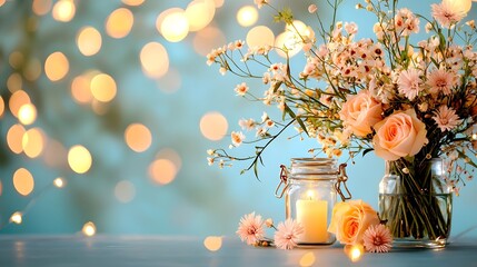 Ethereal fairytale inspired wedding scene with a glass vase filled with delicate pastel colored flowers and soft glowing lights creating a magical romantic ambiance