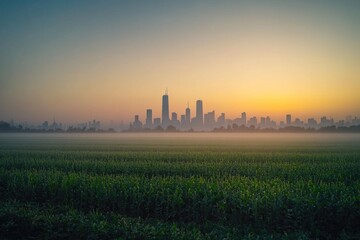 Obraz premium A tranquil rural scene set against a striking city skyline during sunset.