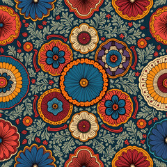 A central blue flower surrounded by a variety of colorful flowers in shades of orange, yellow, and red, with green leaves and stems. Vector patterns, random pattern