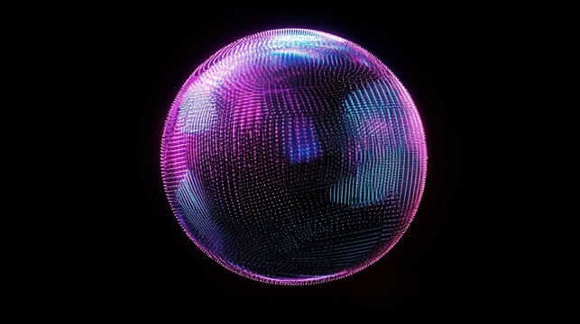 Creative 3d rendering sphere made of neon dots. Global network connection. Globe Grid. Worldwide communication. Futuristic earth globe. Science, technology and illustration on dark backdrop